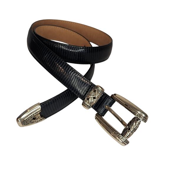 Brighton womens black Leather Belt sz Small Lizard Patern Ornate Silver Hardware - Picture 2 of 7